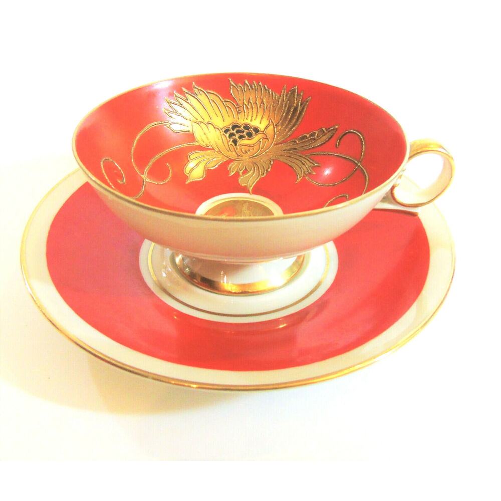 Shau Bach Kunst Cup & Saucer Set Wallendorf Red Orange Ornate Gold Floral Vtg